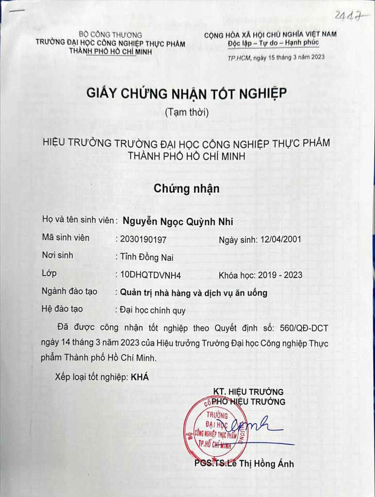 Chứng nhận tốt nghiệp Nguyễn Ngọc Quỳnh Nhi