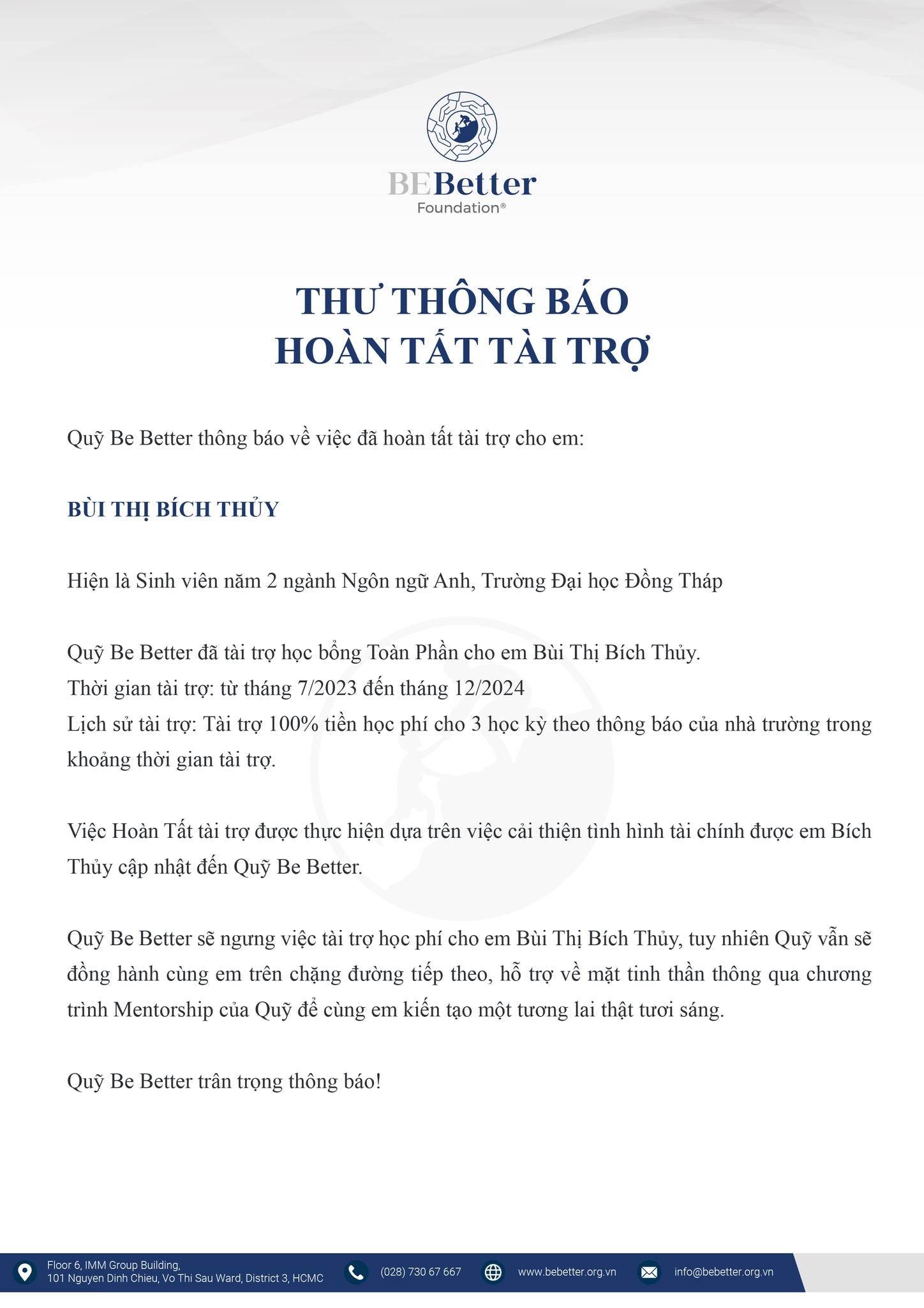 Hoàn Tất Hành Trình Tài Trợ Cho Em Bùi Thị Bích Thủy