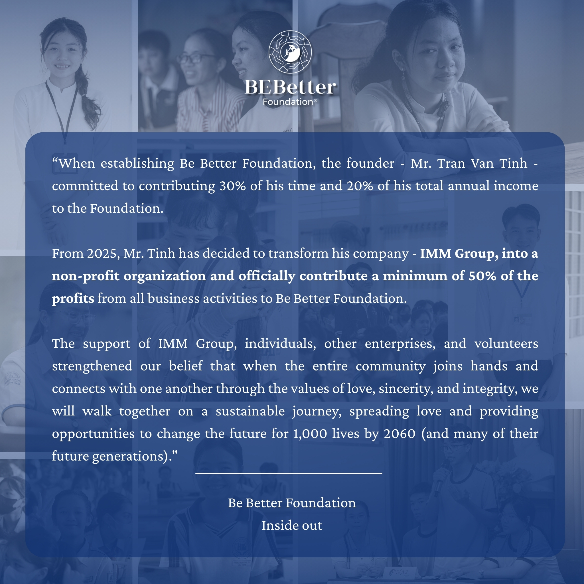 OFFICIAL ANNOUNCEMENT: IMM Group commits a minimum of 50% of annual profits to the Be Better Foundation